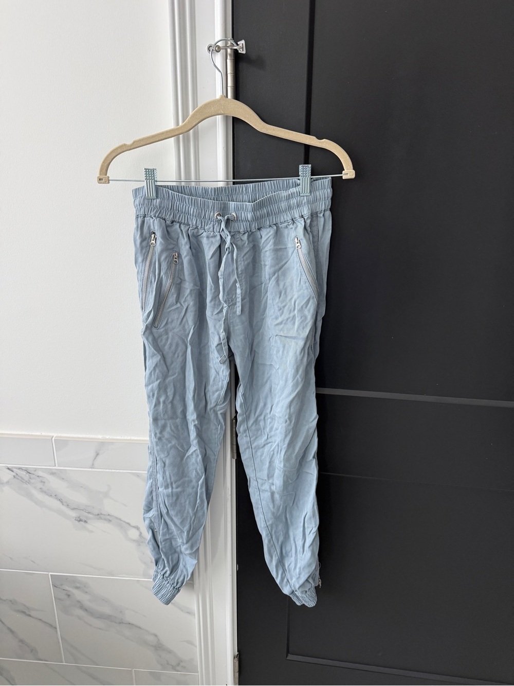 Light Blue Straight-Leg Drawstring Pants for Women